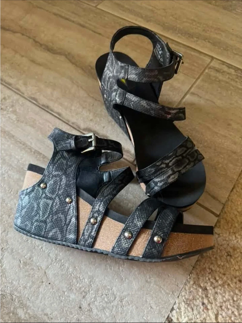 Wedge Ankle-Strap Sandals in Metallic Black